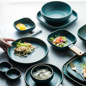 ATUCOHO High Fashion Retro Green Nordic Ceramic Tableware Set Dinnerware Set Bowl Plate Soup Bowl Set Modern Style High-end