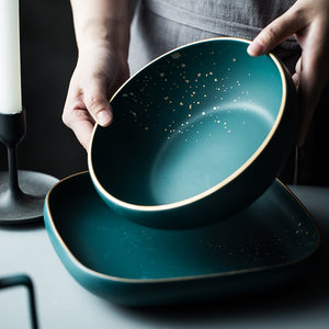 ATUCOHO High Fashion Retro Green Nordic Ceramic Tableware Set Dinnerware Set Bowl Plate Soup Bowl Set Modern Style High-end