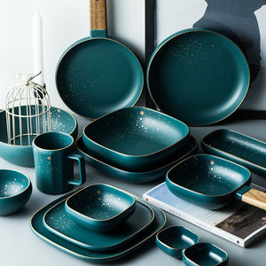 ATUCOHO High Fashion Retro Green Nordic Ceramic Tableware Set Dinnerware Set Bowl Plate Soup Bowl Set Modern Style High-end